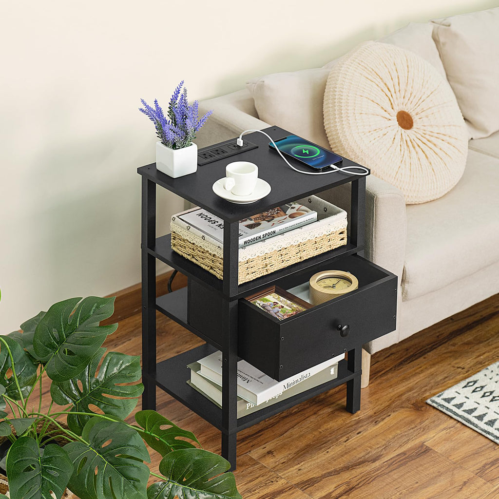 Lerliuo Nightstand with Charging Station and USB Ports, 3-Tier Storage End Table with Drawer Shelf, Night Stand for Small Spaces, Wood Bedside Table for Living Room, Bedroom - Retro Brown…
