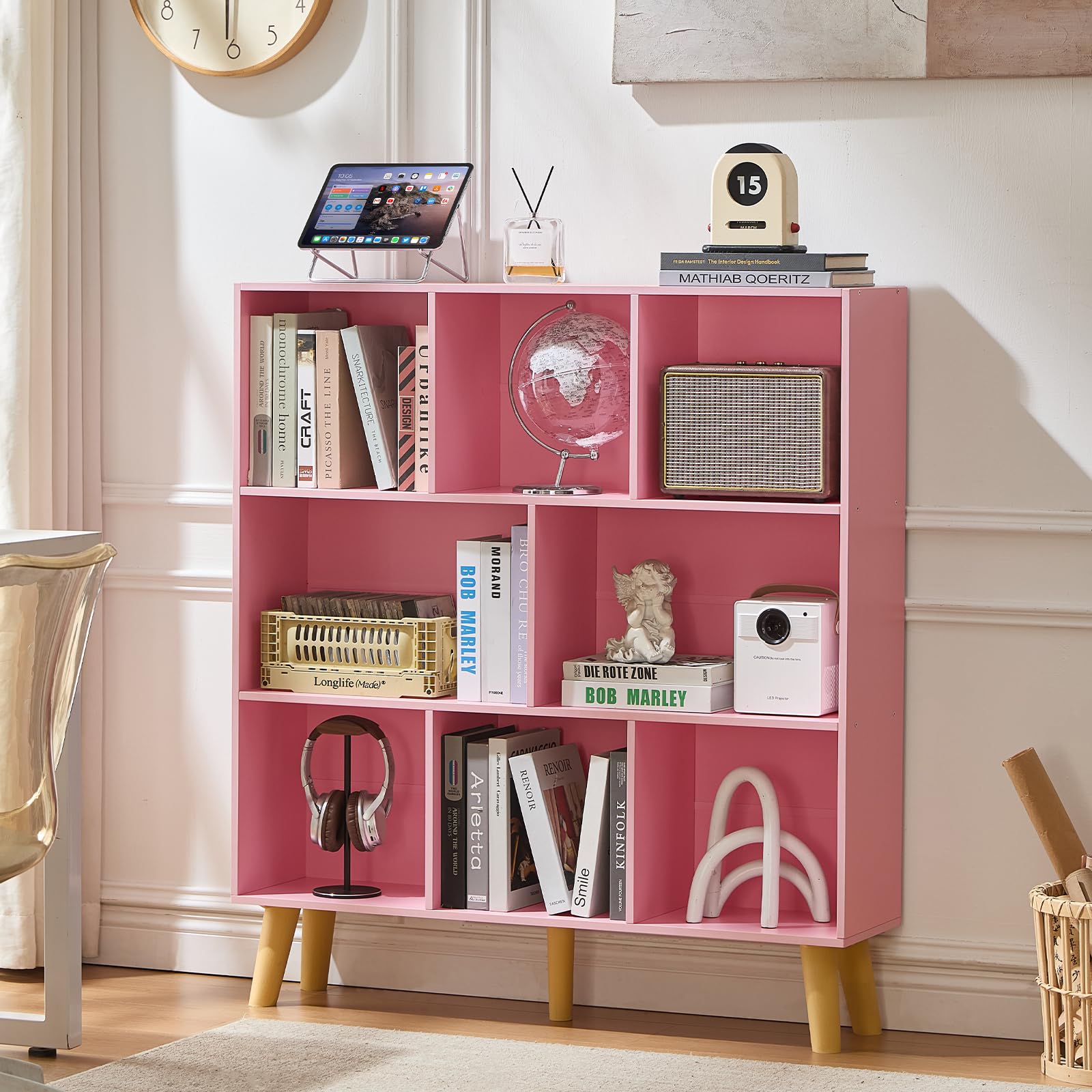 LEYAOYAO Cube Bookshelf, Mid-Century Modern Book Shelf with Legs, Brown