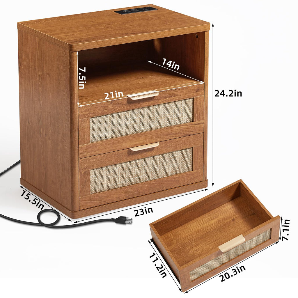 LEYAOYAO Rattan Nightstands Set of 2 with Charging Station, Boho Night Stand Dresser for Bedroom with Drawer, Grey White Bedside Table Open Storage Cabinet, Bed Side End Table, Living Room, Hallway