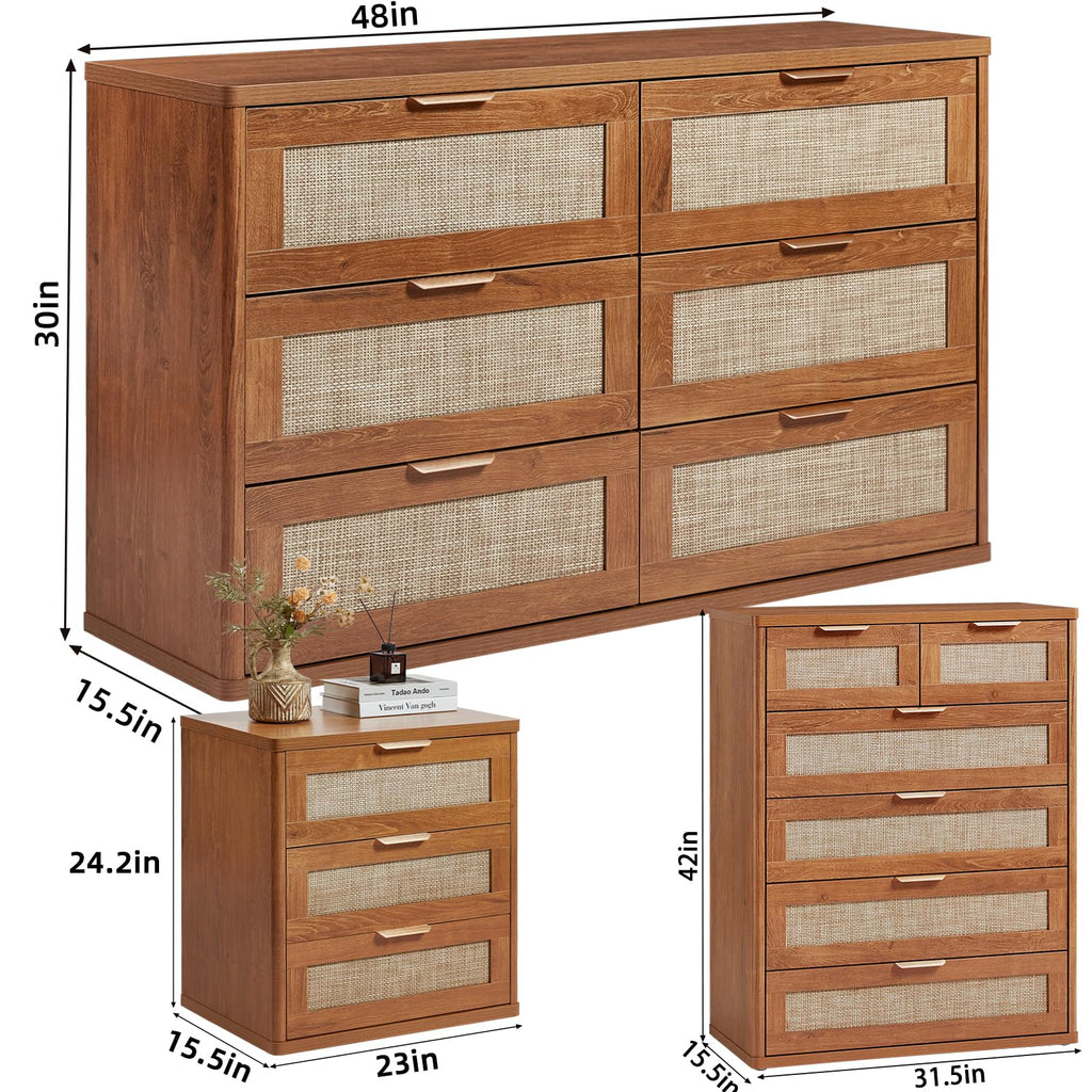 LEYAOYAO Rattan Dresser and Nightstand Sets 4 Piece, Natural