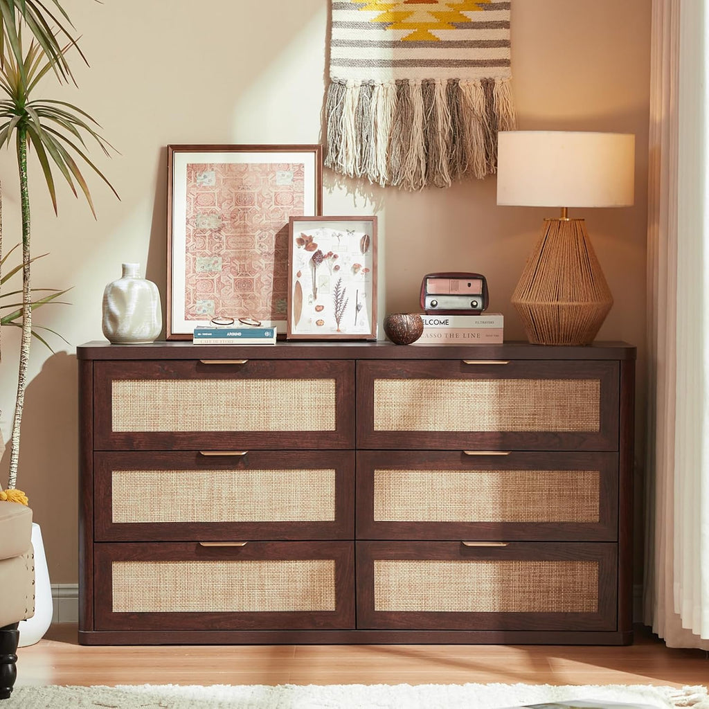 LEYAOYAO Rattan 54'' Wide Dresser for Bedroom, Walnut