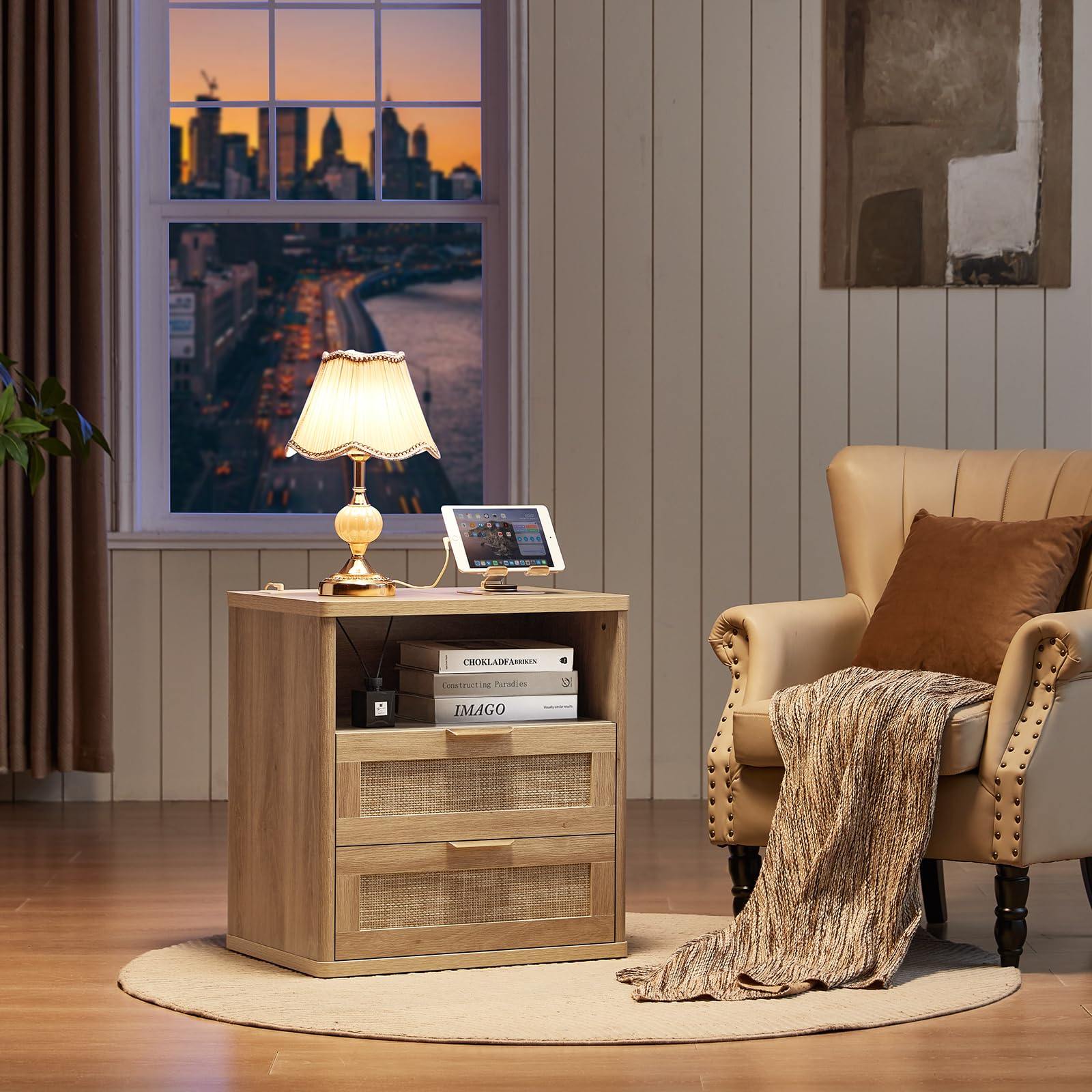 Lerliuo Rattan NightStand with Charger Station, 23" Wide Boho Bedside Table with Drawers, Natural Wood Night Stand Open Storage Cabinet, Bed Side End Table Dresser for Living Room, Hallway, Bedroom