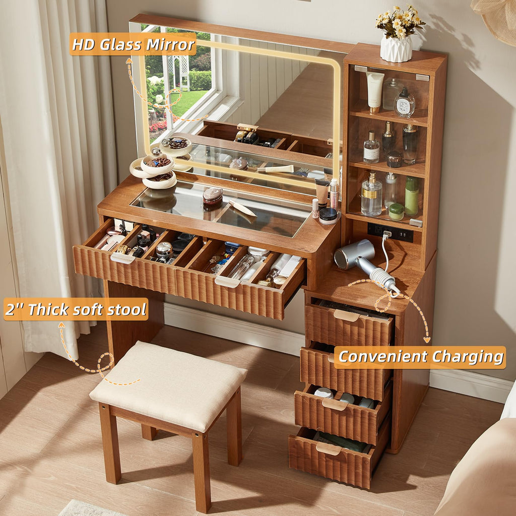 LEYAOYAO Fluted Makeup Vanity Desk with Mirror and Lights, 43.5''