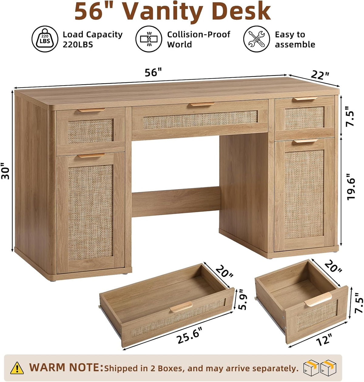LEYAOYAO Office Desk 56" with 5 Drawers Storage File Cabinet, Natural