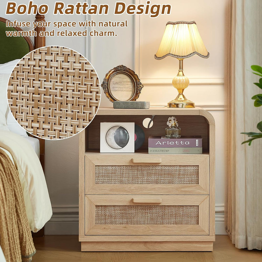 LEYAOYAO Rattan Nightstands Set of 2 with Charging Station, Natural