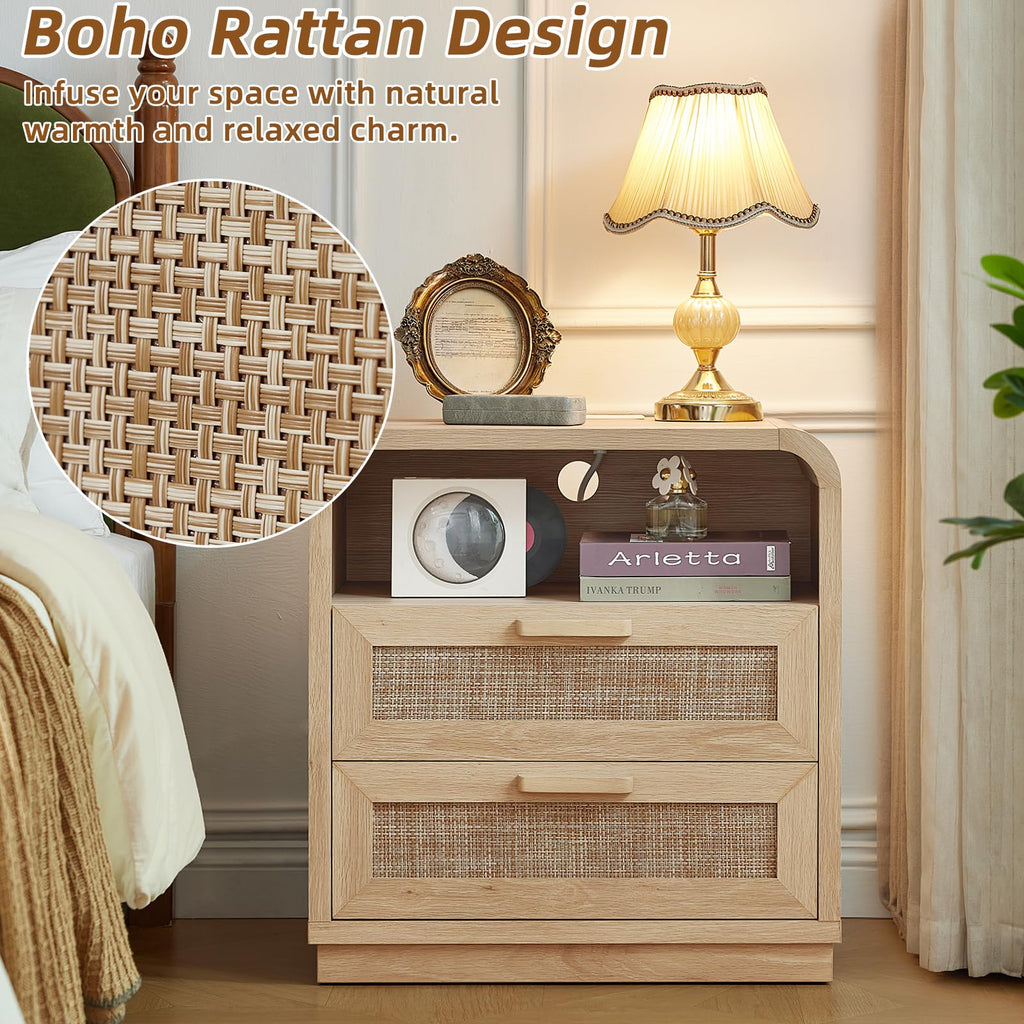 LEYAOYAO Rattan Nightstands Set of 2 with Charging Station, Natural