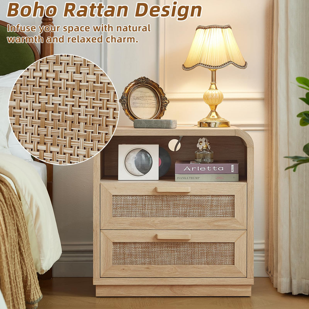 LEYAOYAO Rattan Nightstands Set of 2 with Charging Station, Natural