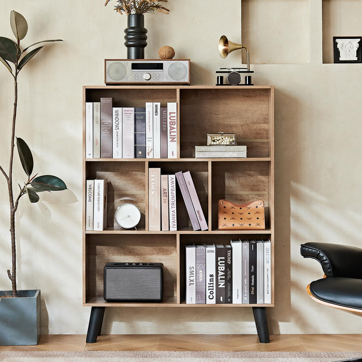 LEYAOYAO 7 Cube Bookshelf, Mid-Century Modern Bookcase Legs,Black Wooden Book Shelves, Wood 3-Tier Freestanding Storage Organizer Display Shelf for Bedroom,Living Room,Office