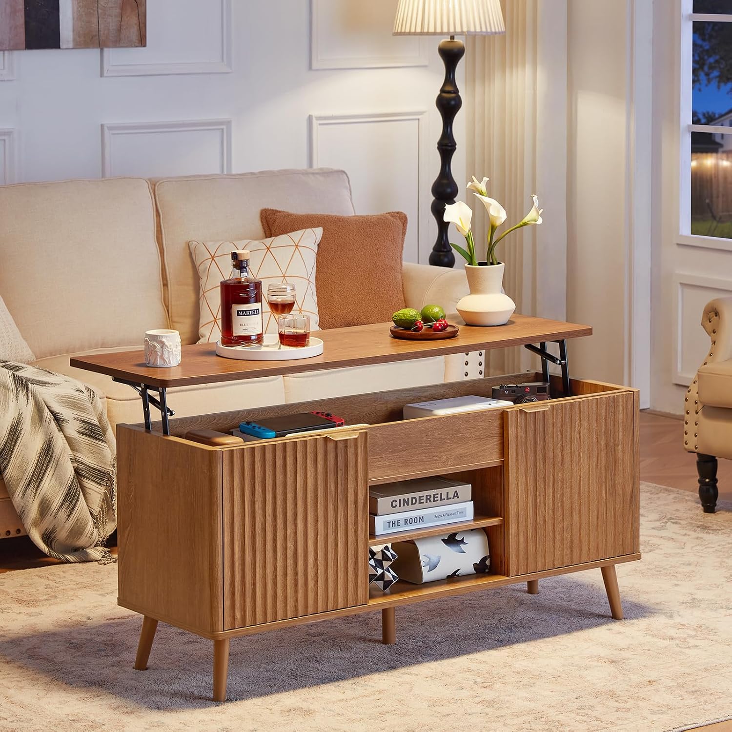 LEYAOYAO Fluted Lift Top Coffee Table and Night Stand Set,Wood 48" Wide Center Tables & 23" with Charging Station Chest of Drawers,Farmhouse Living Room Suites for Bedroom Home,Brown