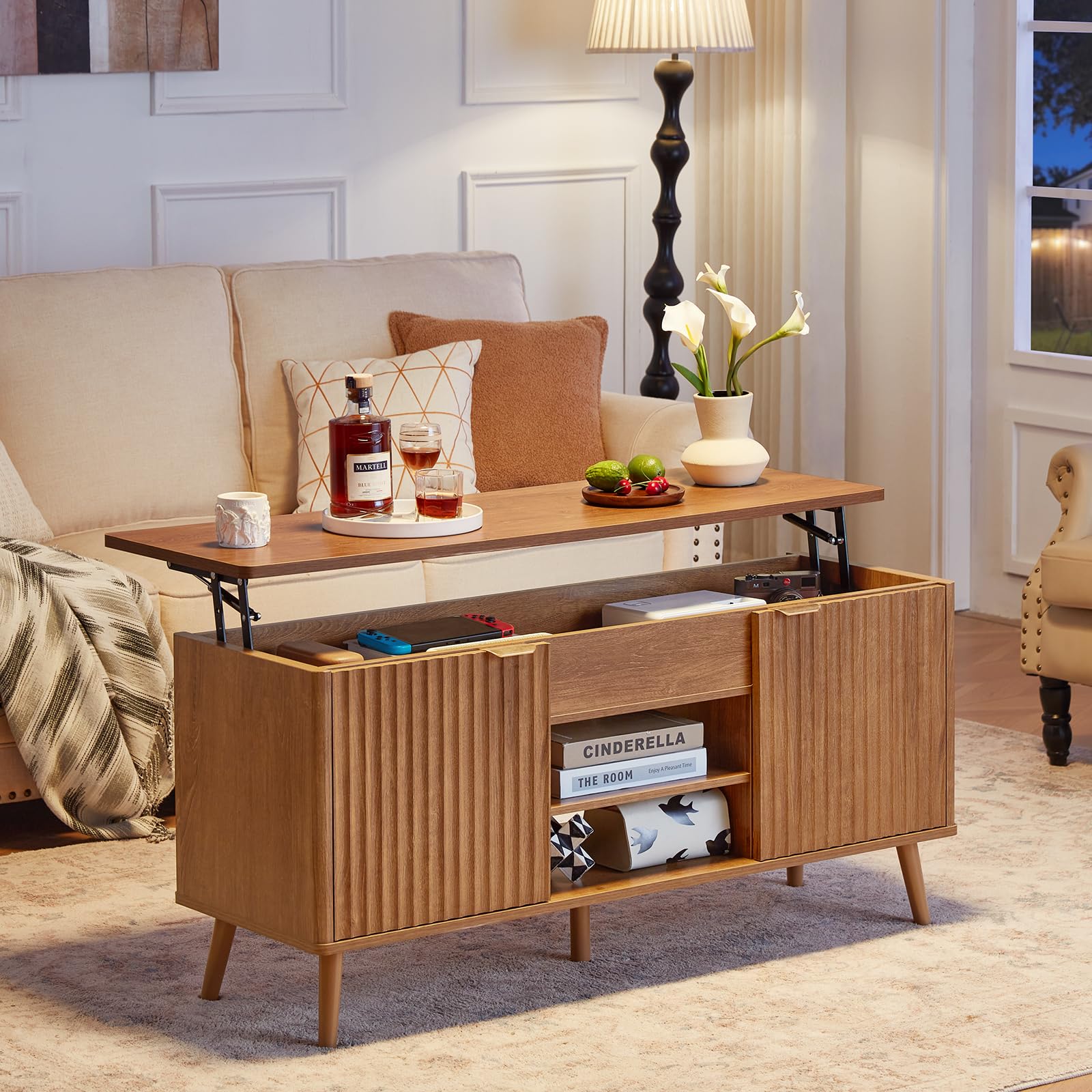 LEYAOYAO Fluted Lift Top Coffee Table and Night Stand Set,Wood 48" Wide Center Tables & 23" with Charging Station Chest of Drawers,Farmhouse Living Room Suites for Bedroom Home,Brown