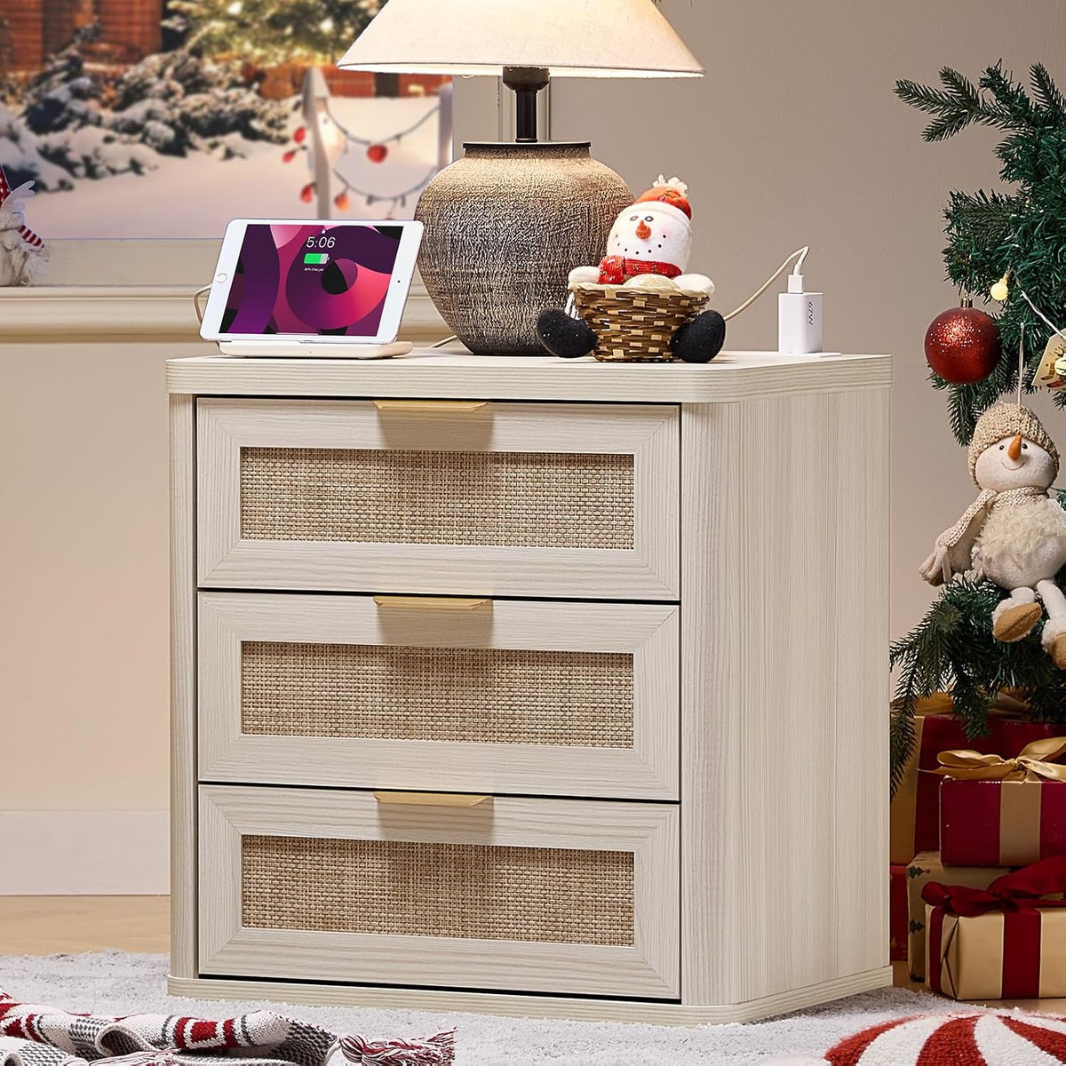 LEYAOYAO Rattan 23" Nightstands with Charger Station 2 Drawers