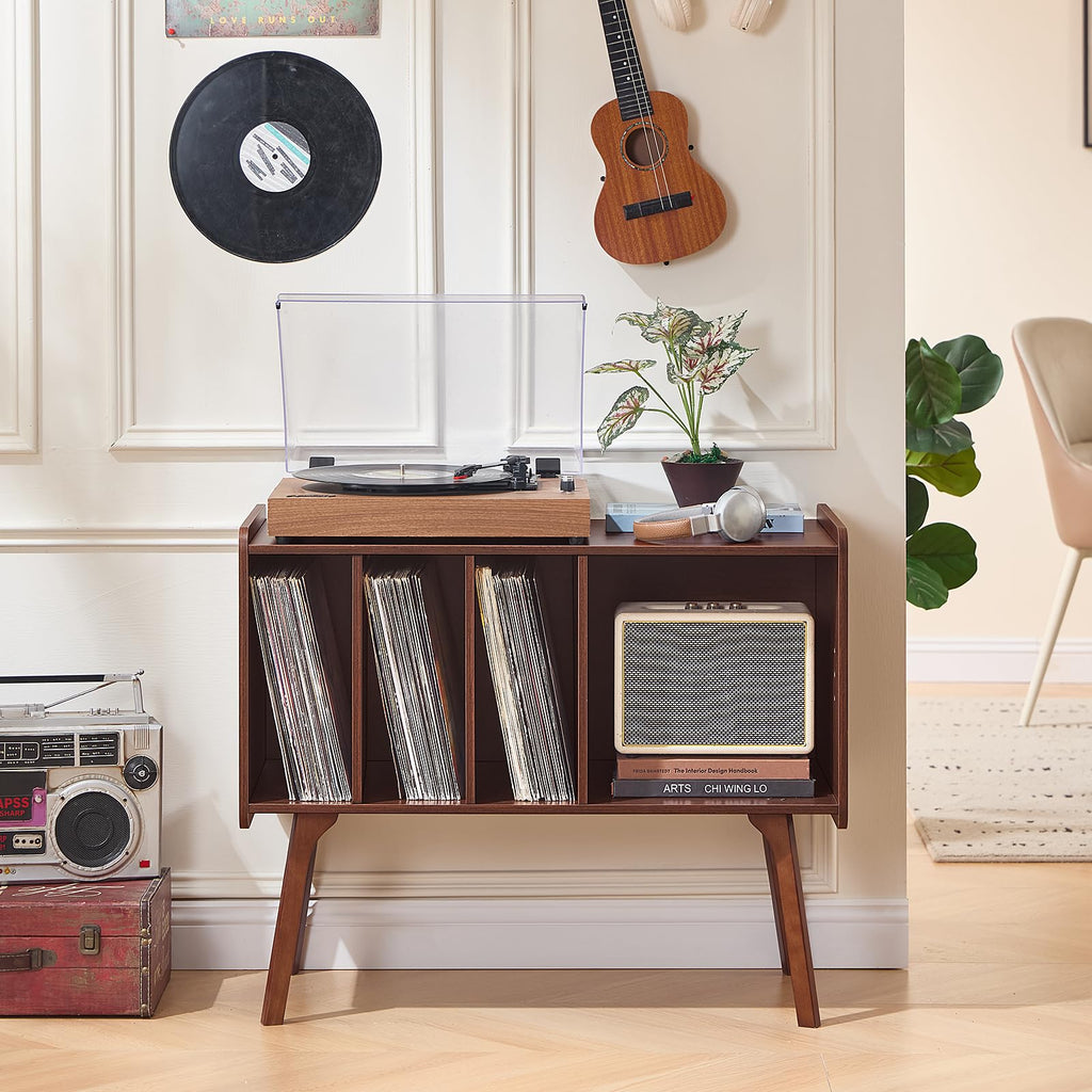Lerliuo Record Player Stand with 4 Cabinet Holds Up to 220 Albums,Oak