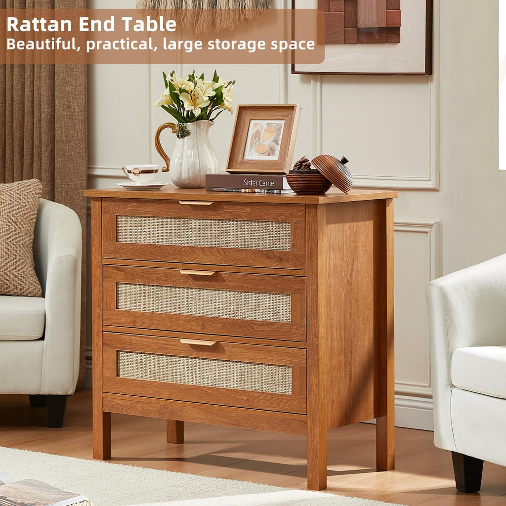 Lerliuo 31.5" Wide Rattan Nightstand,Oversized Large Boho Night Stand with 2 Drawers, 30" Tall Grey White Bedside Table with Storage Shelf, Bed Side End Tables for Bedroom, Living Room, Hallway