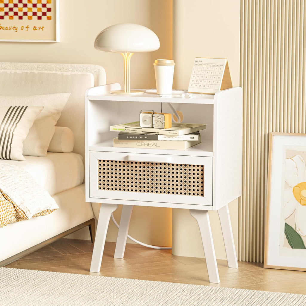 Lerliuo Rattan Nightstand with Charging Station, Boho Night Stand