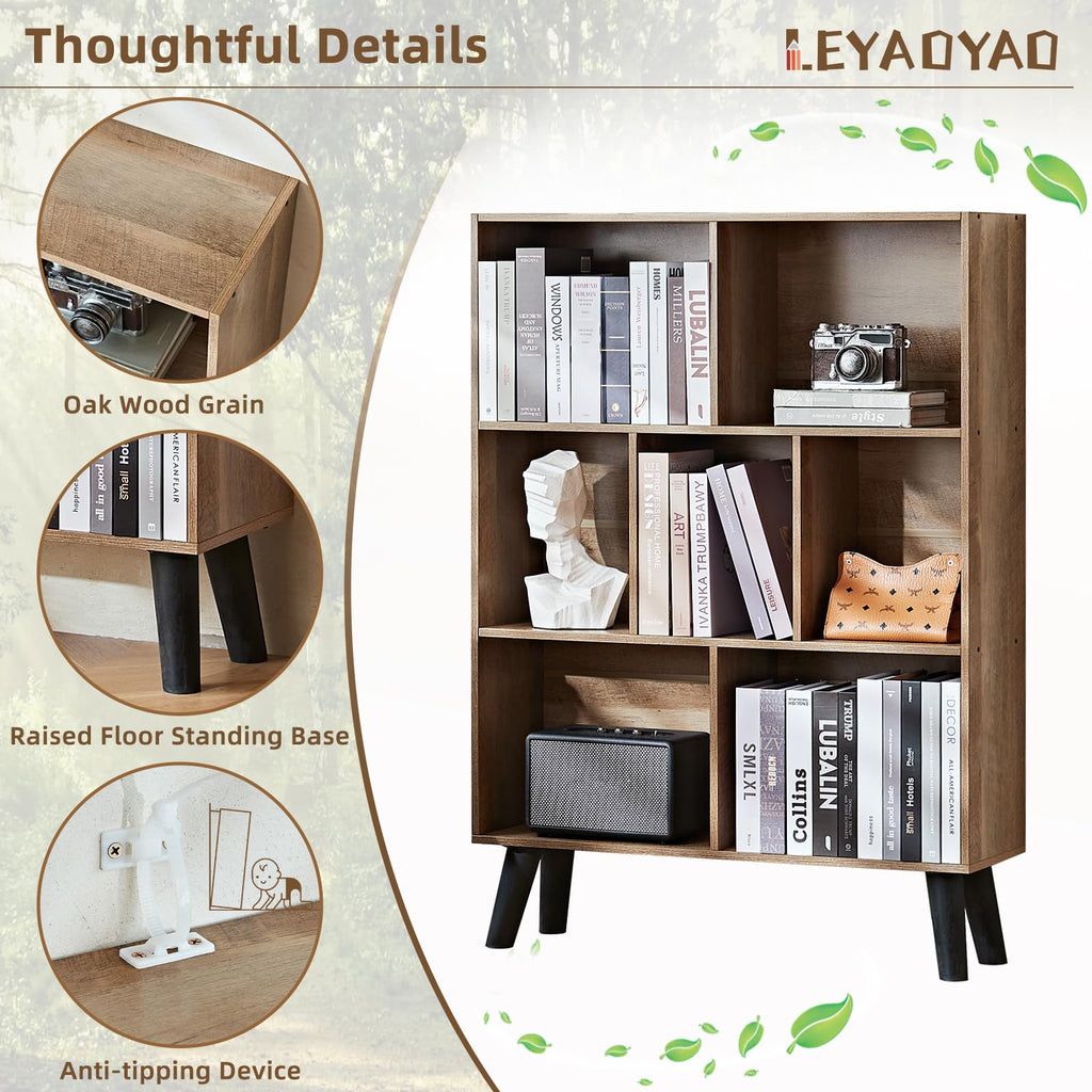 LEYAOYAO 7 Cube Bookshelf, Mid-Century Modern Bookcase Legs,Black Wooden Book Shelves, Wood 3-Tier Freestanding Storage Organizer Display Shelf for Bedroom,Living Room,Office