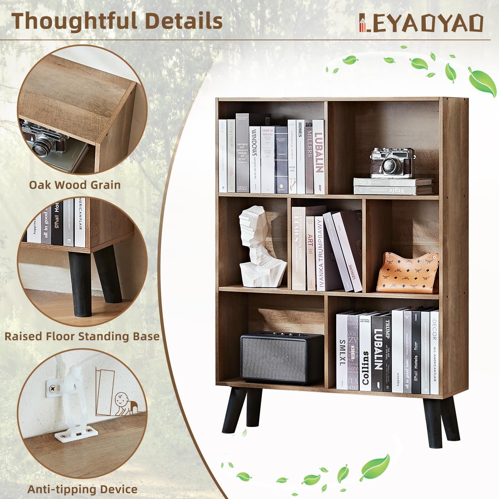 LEYAOYAO 7 Cube Bookshelf, Mid-Century Modern Bookcase Legs,Black Wooden Book Shelves, Wood 3-Tier Freestanding Storage Organizer Display Shelf for Bedroom,Living Room,Office