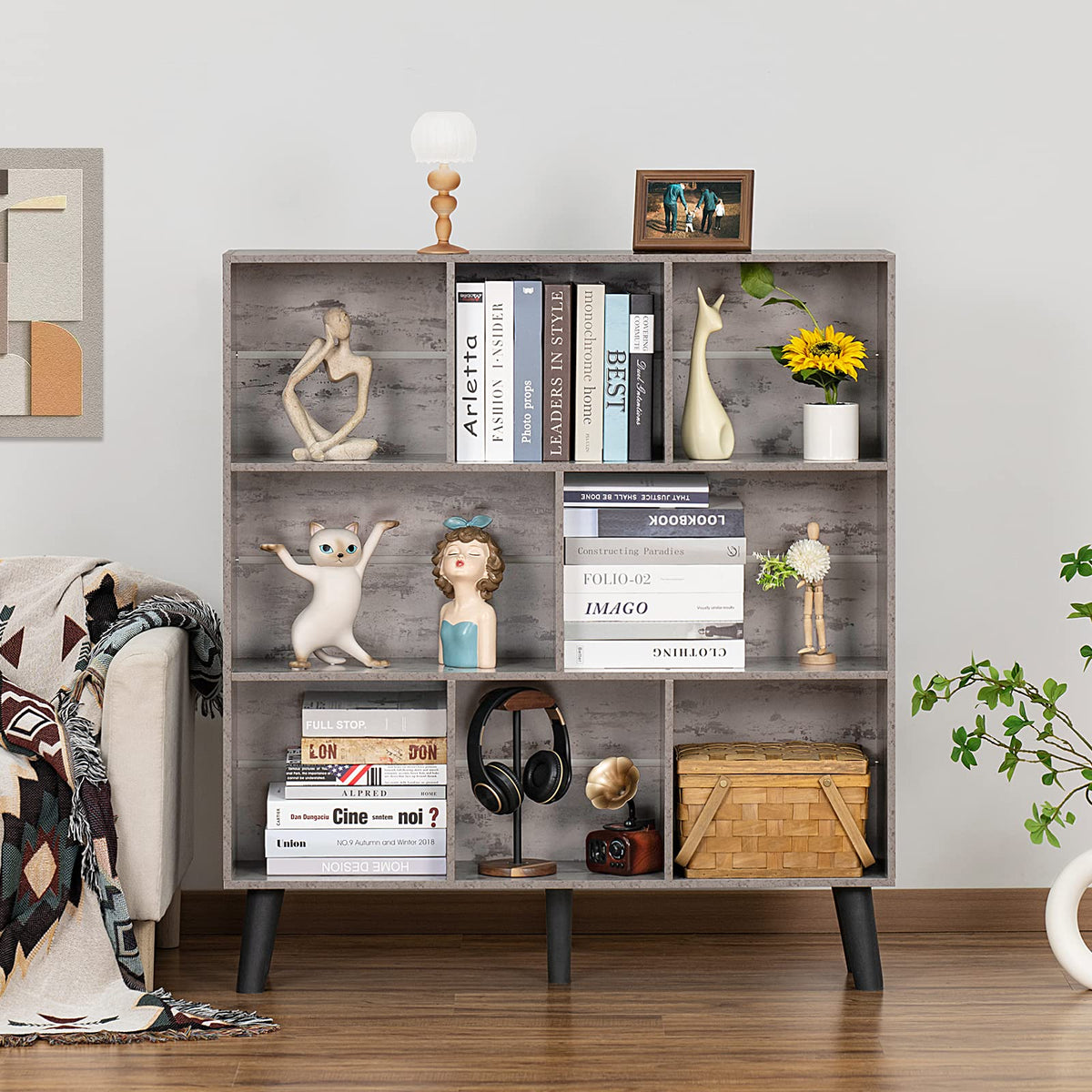 LEYAOYAO Cube Bookshelf, Mid-Century Modern Book Shelf with Legs, Brown