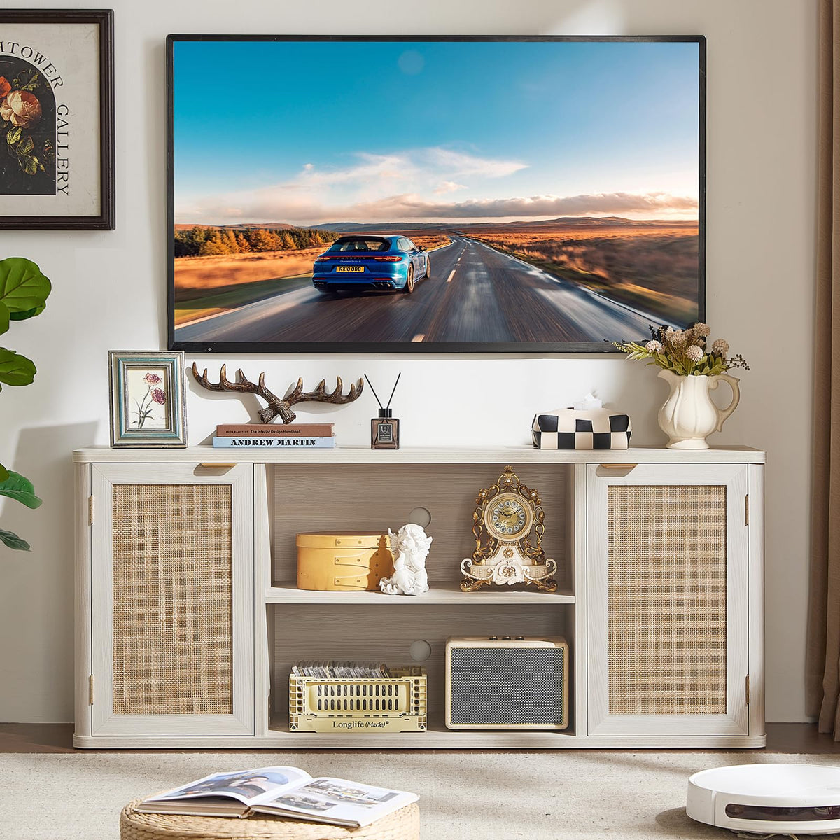 LEYAOYAO Rattan TV Stands for Living Room, Walnut