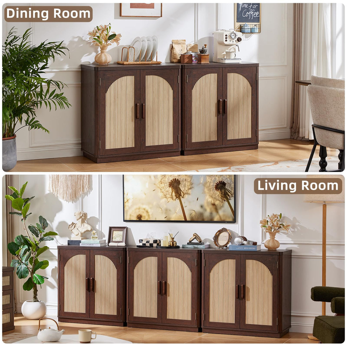 LEYAOYAO Fluted Buffet Cabinet with Storage, 31.5" Coffee Bar Cabinet with Arch Doors & Adjustable Shelves, Mid Century Modern Sideboard, Wood Credenza for Kitchen, Living Room, Natural