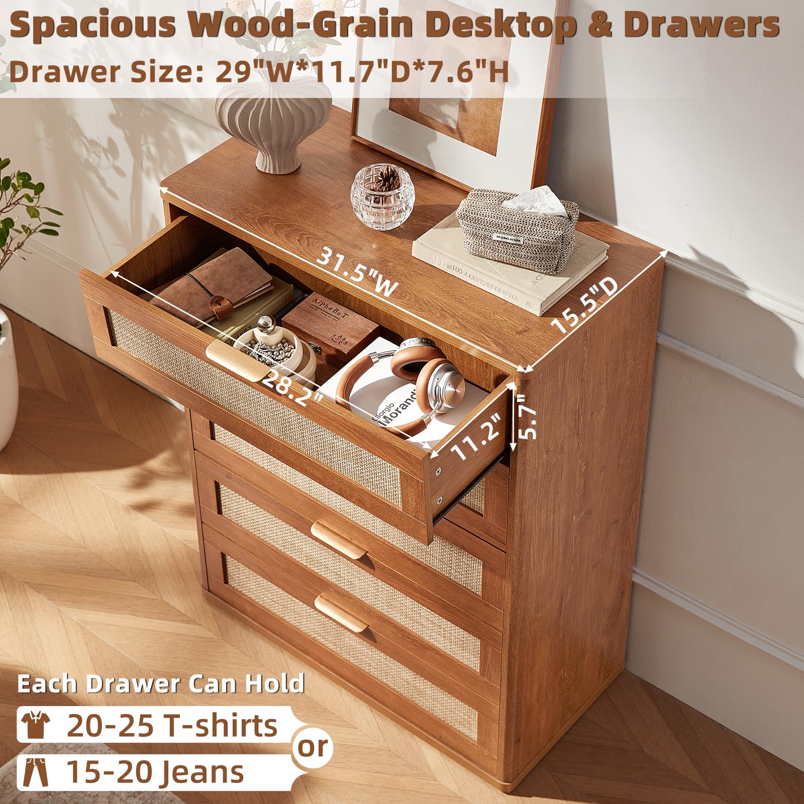 LEYAOYAO Rattan Dresser for Bedroom, 41" Tall Chest of Drawers