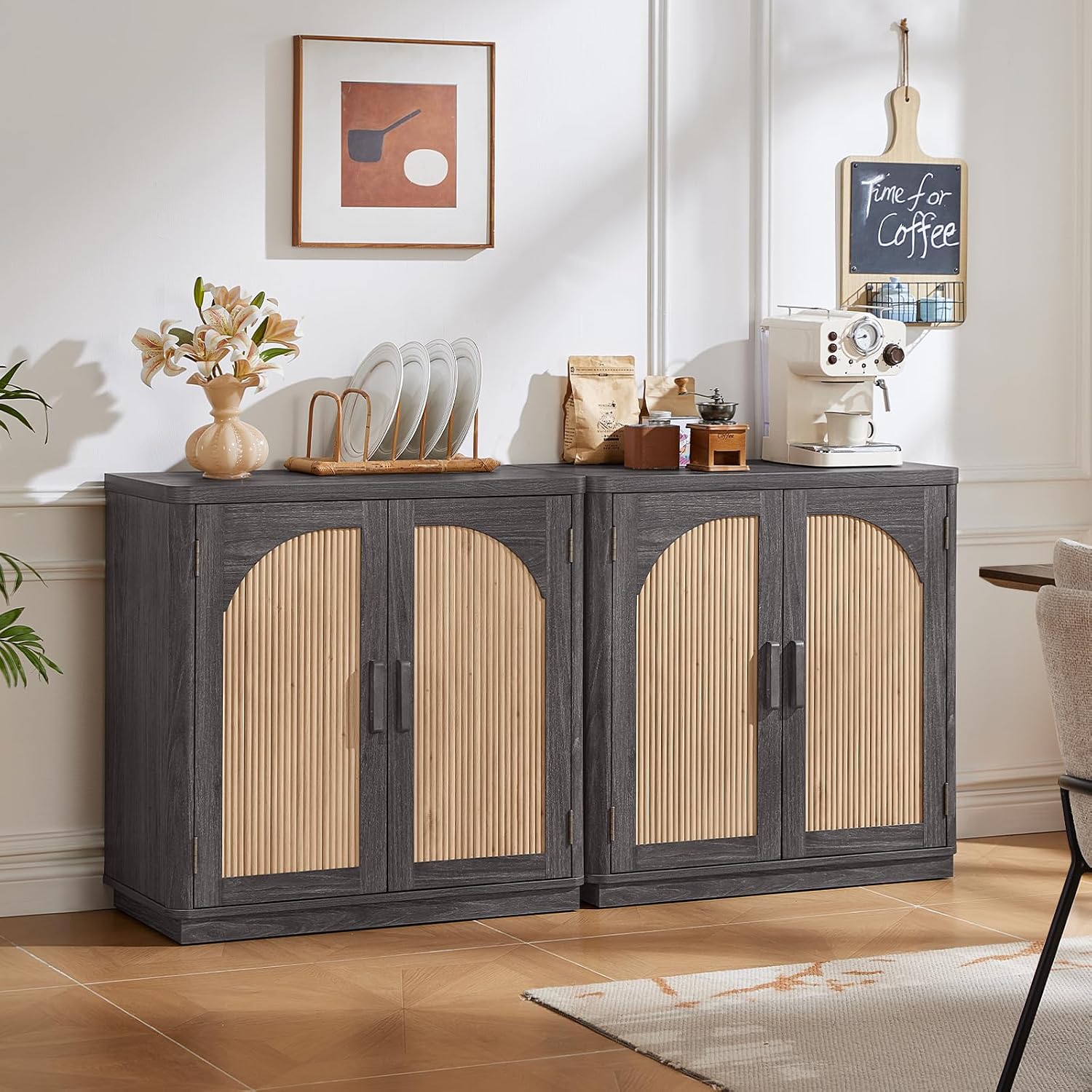 LEYAOYAO Fluted Buffet Cabinet with Storage, 94.5" Coffee Bar Cabinet with 6 Arch Doors & Adjustable Shelves, Mid Century Modern Sideboard, Wood Credenza for Living Room, Kitchen, Darkgrey