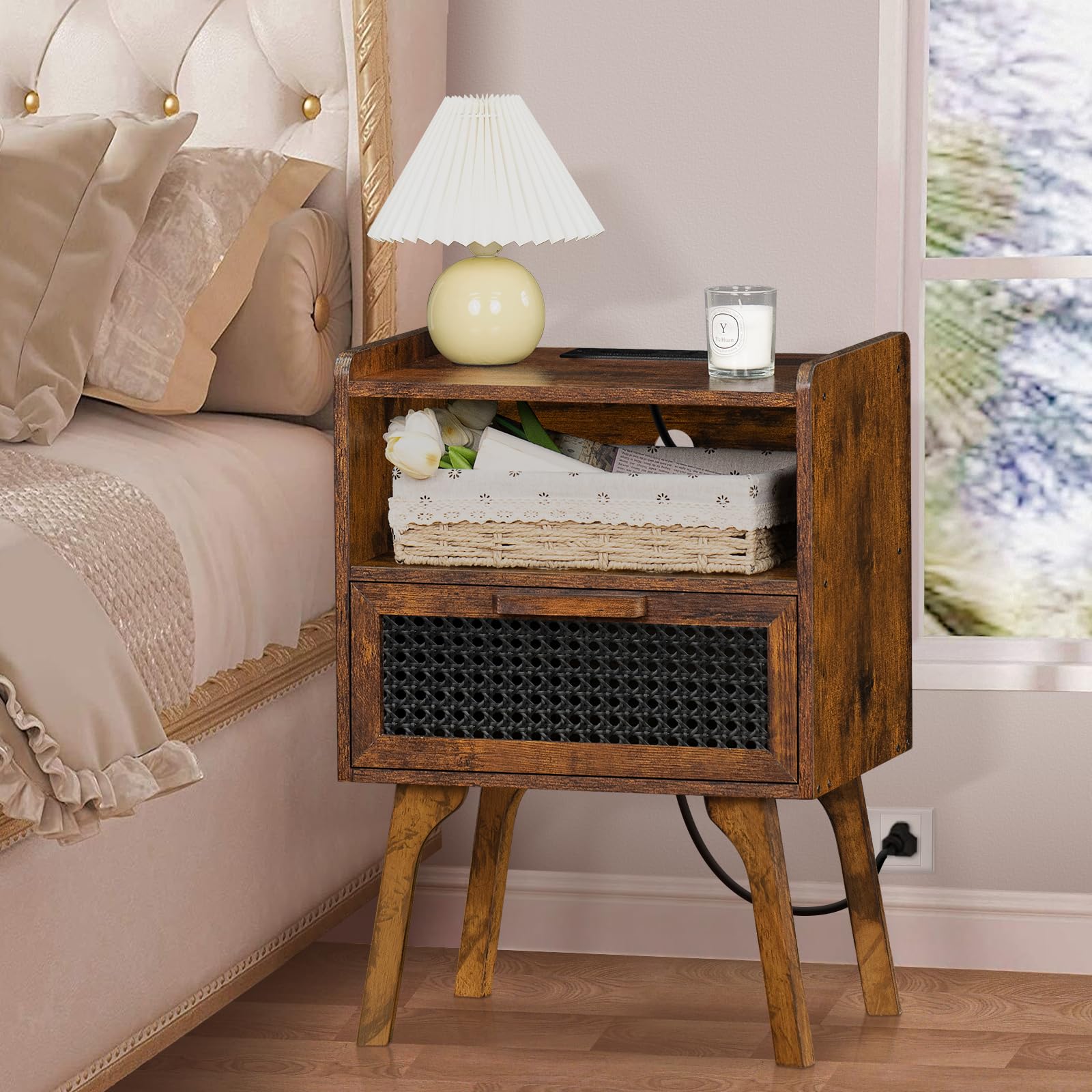 Lerliuo Rattan Nightstand with Charging Station, Boho Night Stand