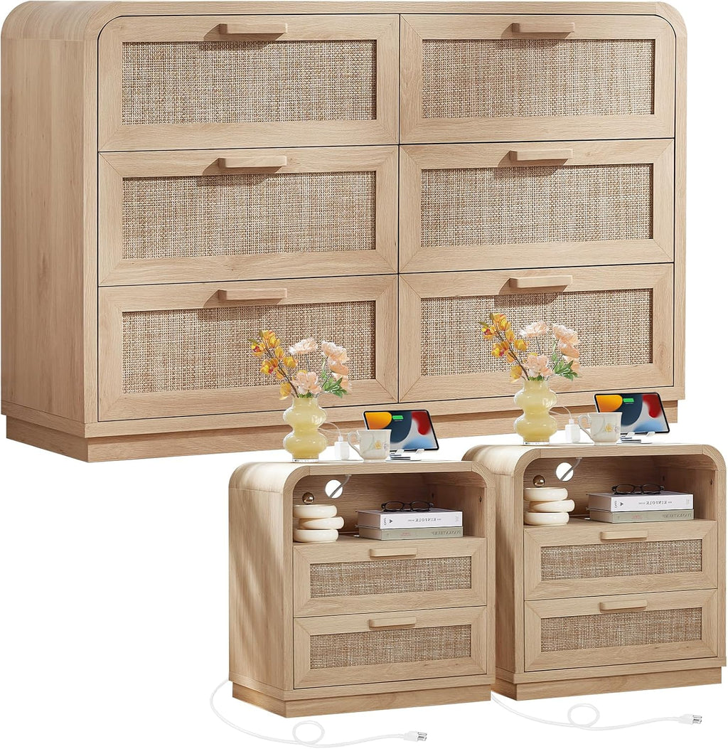 LEYAOYAO Curved Boho Dresser & Nightstand Set of 3, Natural Wood
