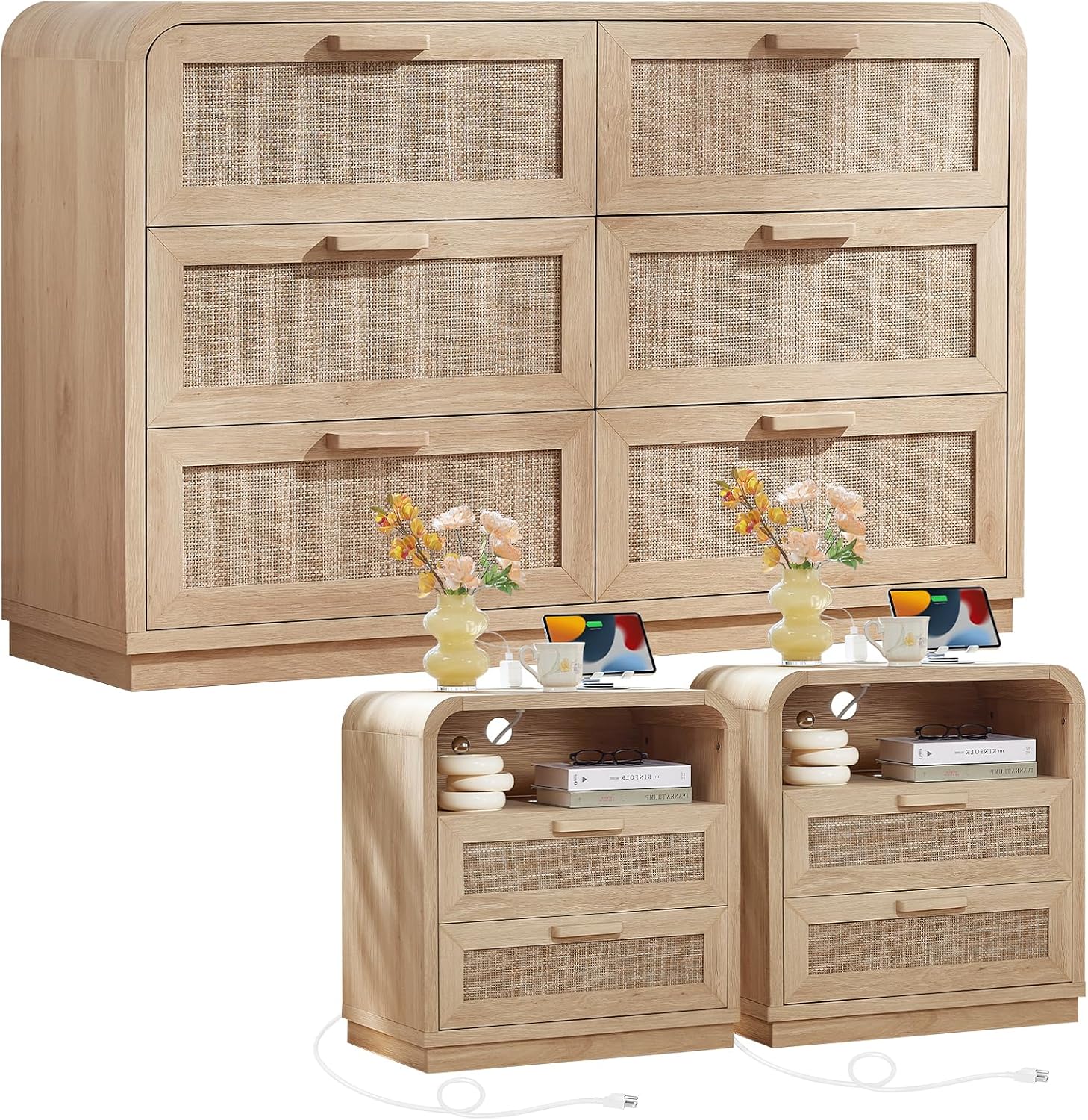 LEYAOYAO Curved Boho Dresser & Nightstand Set of 3, Natural Wood
