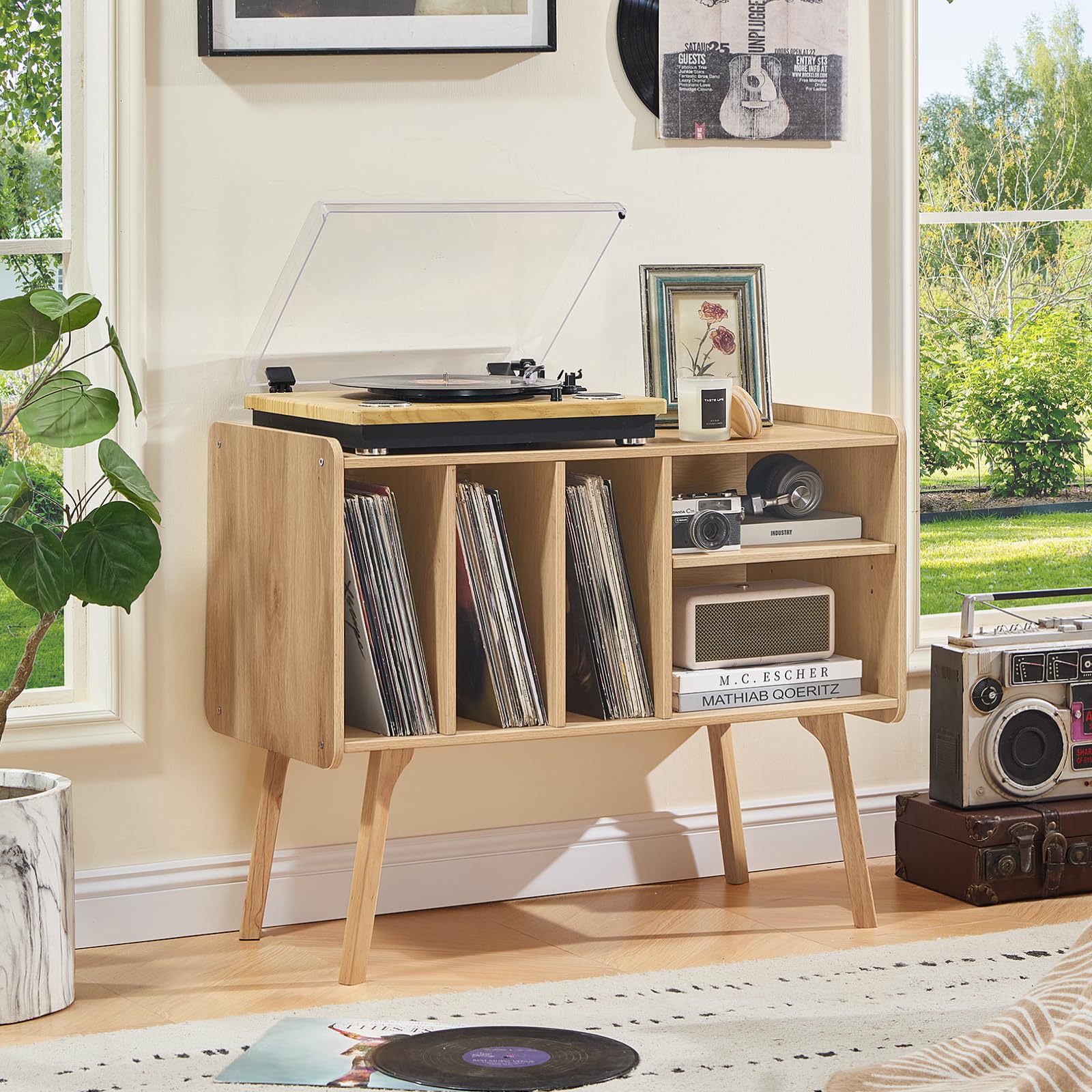 Lerliuo Record Player Stand with 4 Cabinet Holds Up to 220 Albums,Oak