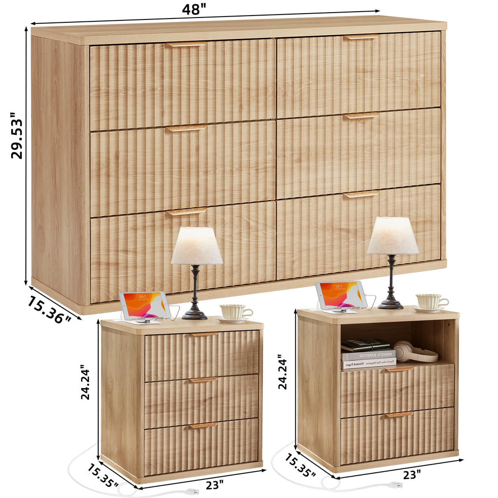 LEYAOYAO 48" Wide Fluted Dresser and 1 Drawers 23" Nightstand Set of 2, Wooden Dresser & Night Stand with Charging Station, 3 Piece Bedroom Furniture Set, Chest of Drawer for Living Room,Antique White