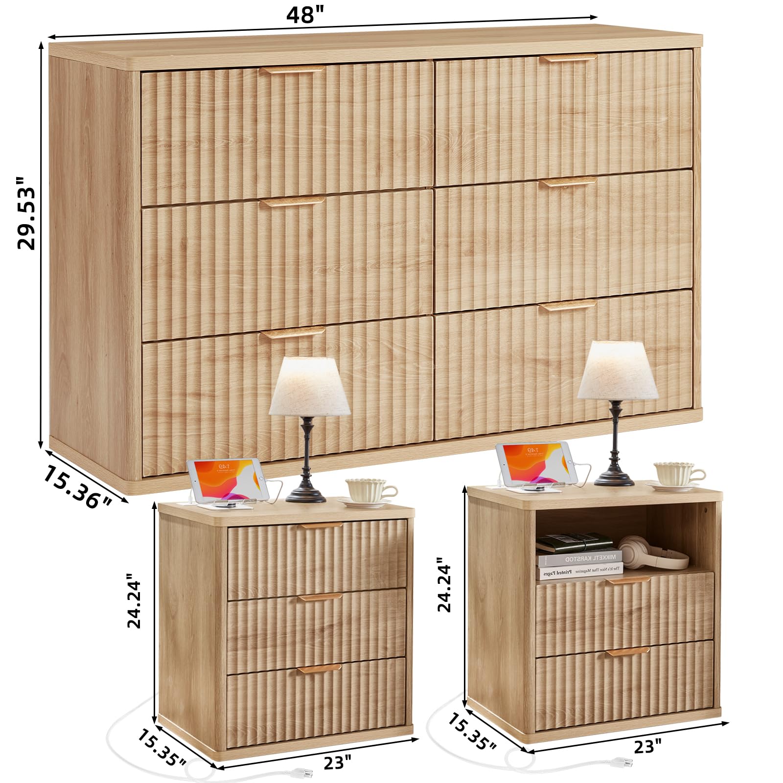 LEYAOYAO 48" Wide Fluted Dresser and 1 Drawers 23" Nightstand Set of 2, Wooden Dresser & Night Stand with Charging Station, 3 Piece Bedroom Furniture Set, Chest of Drawer for Living Room,Antique White