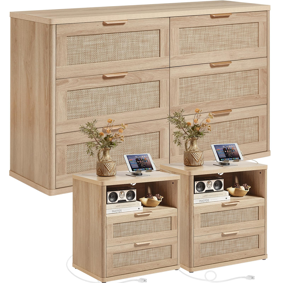 LEYAOYAO Rattan Dresser and Nightstand Sets 3 Piece, Natural