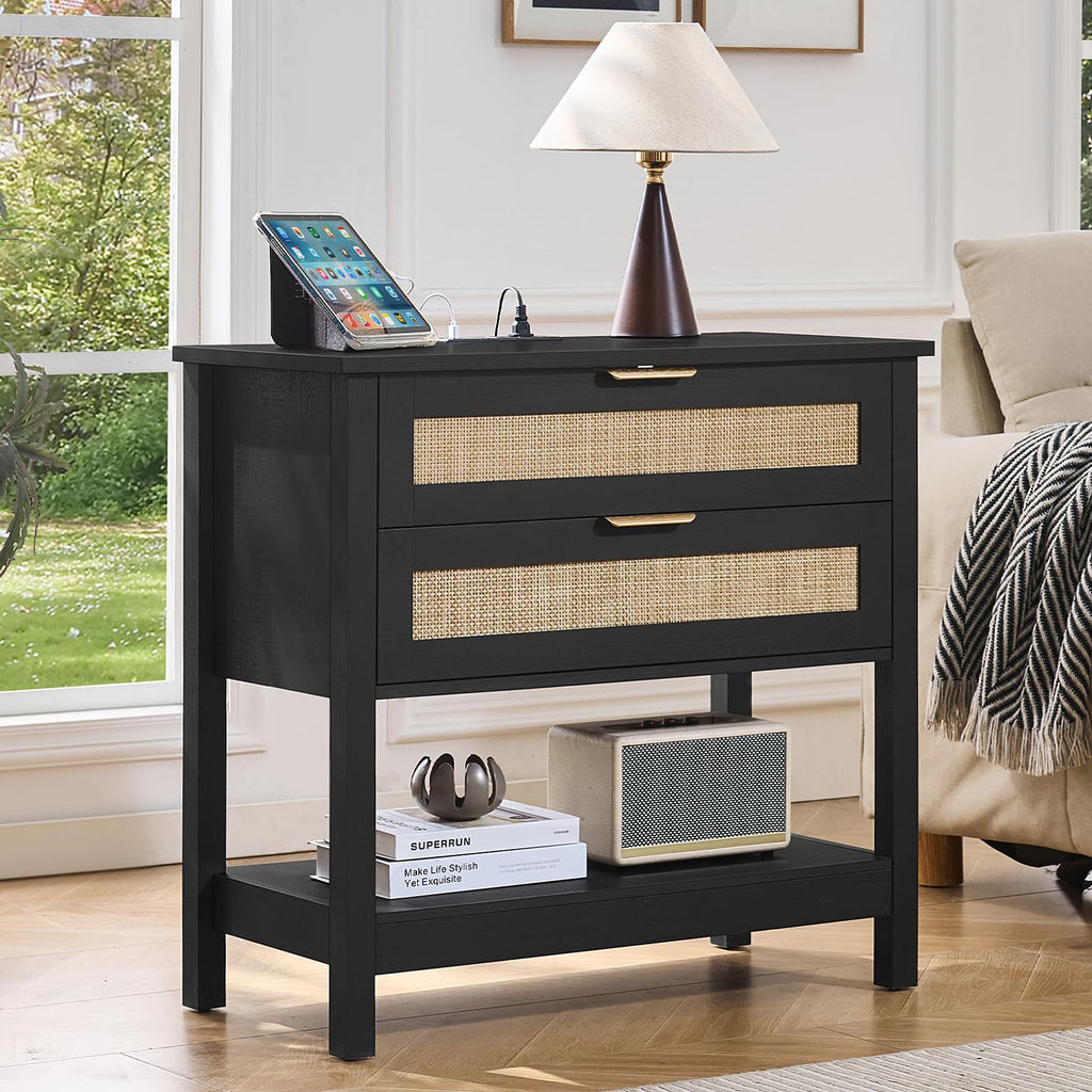 LEYAOYAO 26.8" Wide Rattan Nightstands Set of 2, Large Boho Night Stand