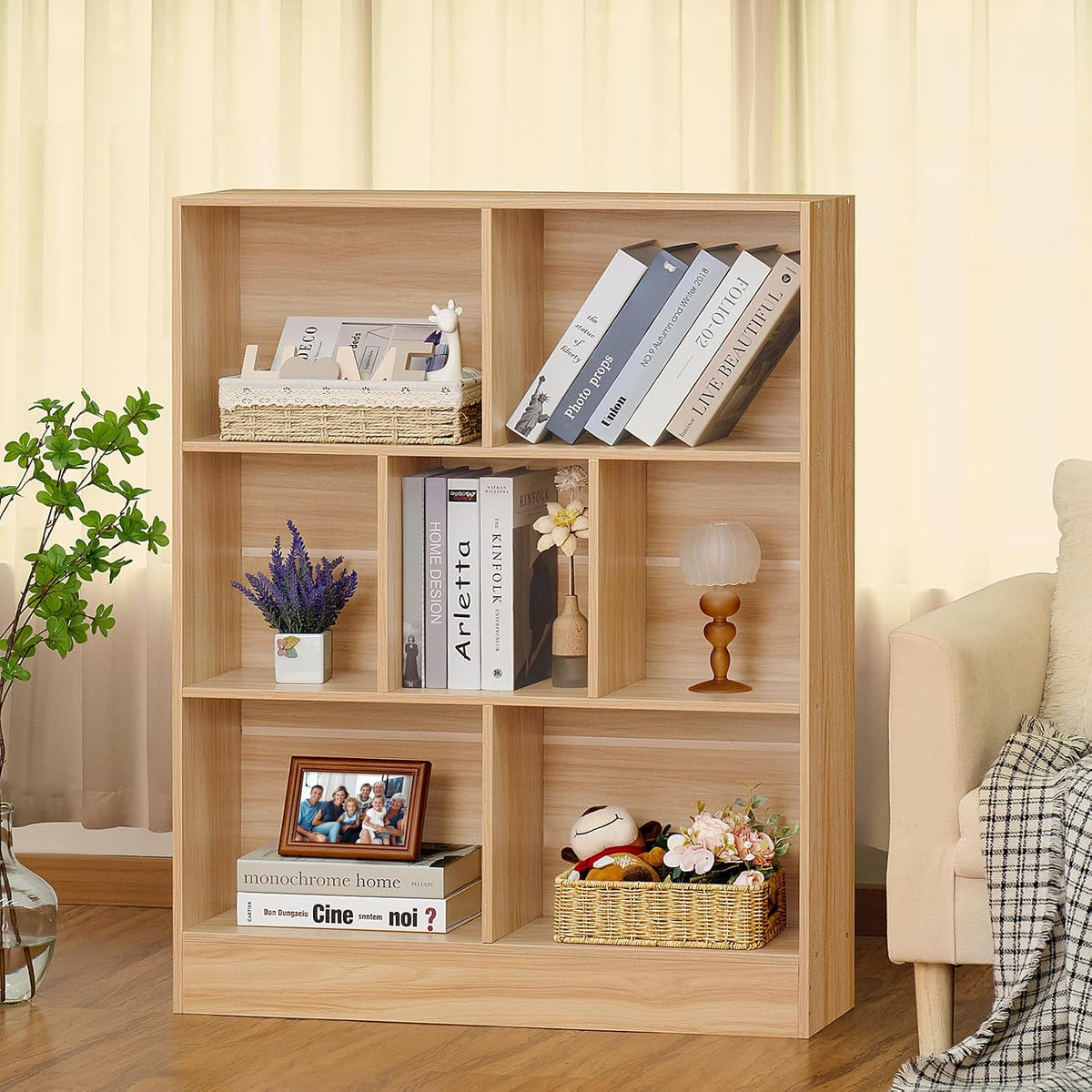 LEYAOYAO 7 Cube Bookshelf with Wood Base,Natural 3 Tier Mid-Century Modern Bookcase,Standing Wide Bookshelves Storage Organizer Shelf,Rustic Display Cabinet Book Shelves for Bedroom,Living Room
