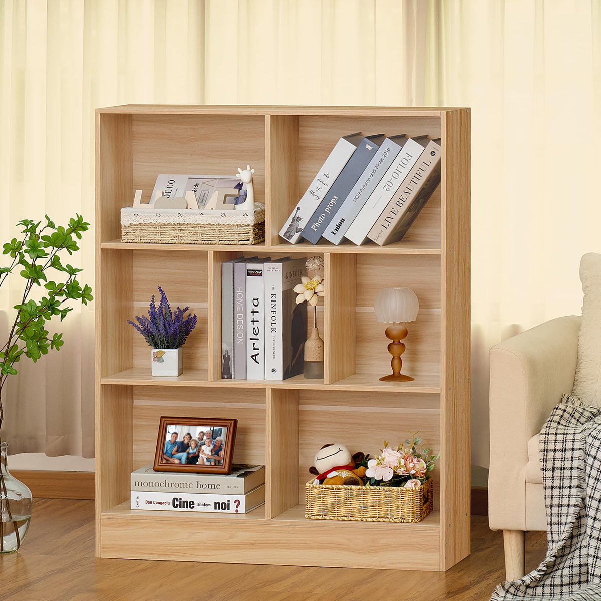 LEYAOYAO 7 Cube Bookshelf with Base,3 Tier Mid-Century Modern Blue Bookcase,Standing Wide Bookshelves Storage Organizer Shelf,Rustic Wood Display Cabinet Book Shelves for Bedroom,Living Room,Office