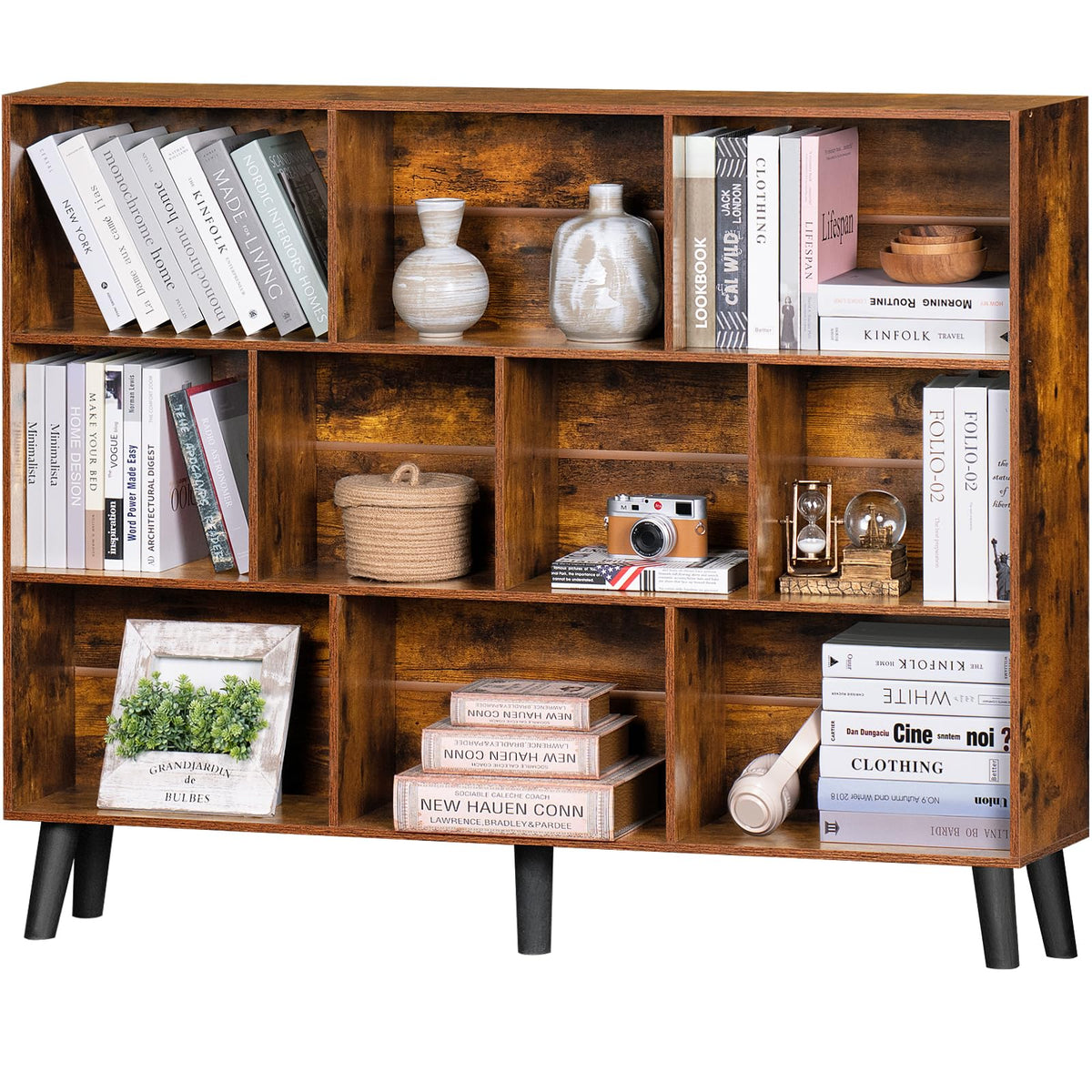 LEYAOYAO Cube Bookshelf, Mid-Century Modern Book Shelf with Legs, Brown