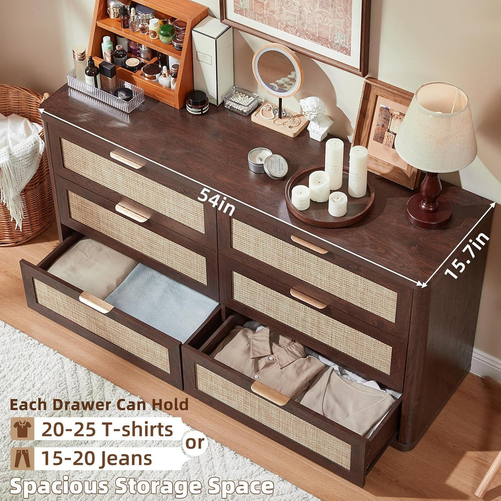 LEYAOYAO Rattan 54'' Wide Dresser for Bedroom, Walnut