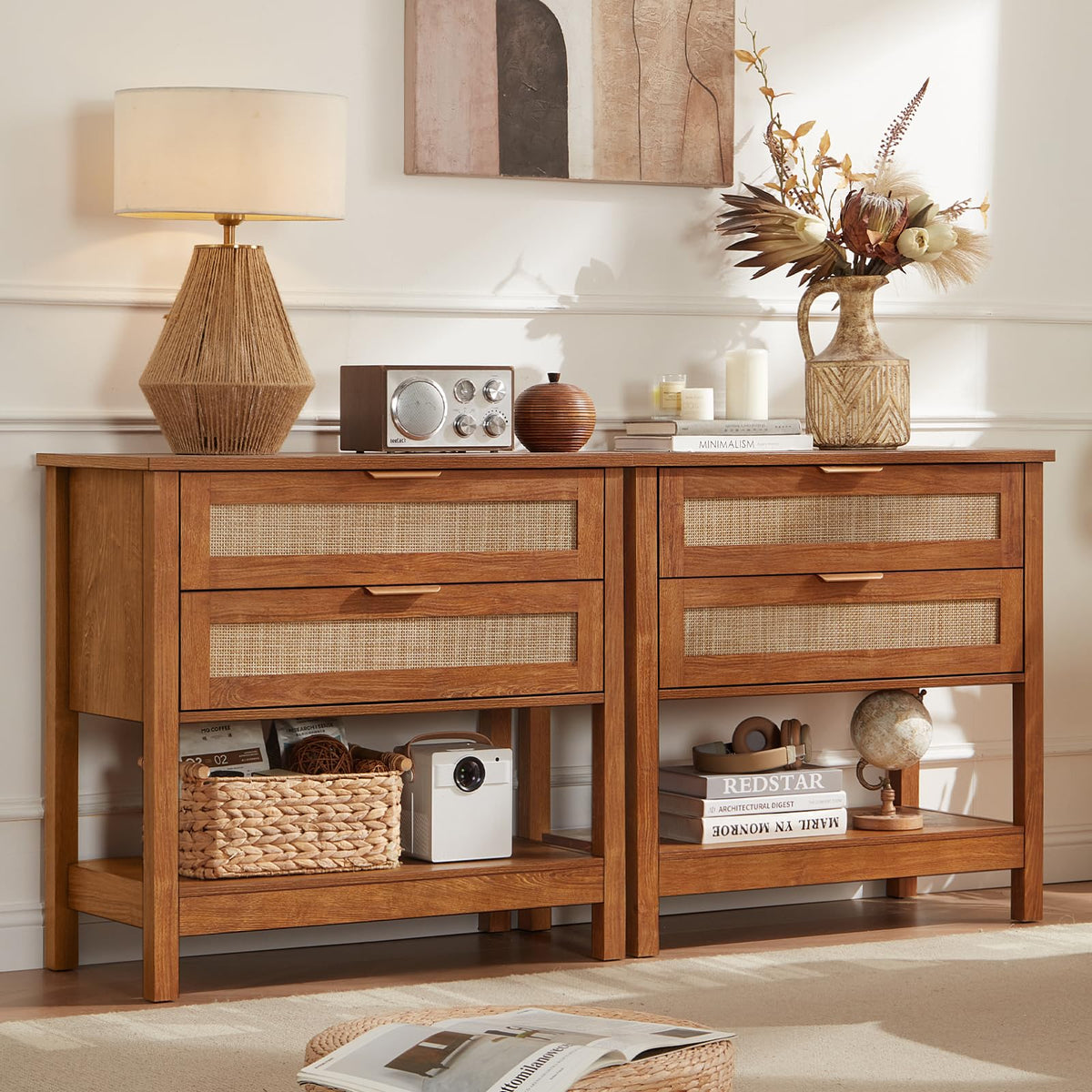 LEYAOYAO 26.8" Wide Rattan Nightstands Set of 2, Large Boho Night Stand