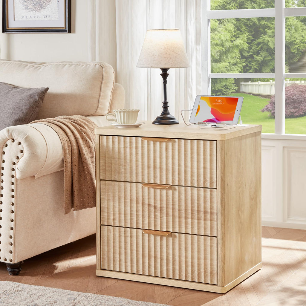 Lerliuo Fluted Nightstand with Charging Station, 23" Wide 2 Drawers End Table, Blue Night Stand with Open Storage Cabinet, Farmhouse Bed Side Tables, Wood Dresser for Bedroom