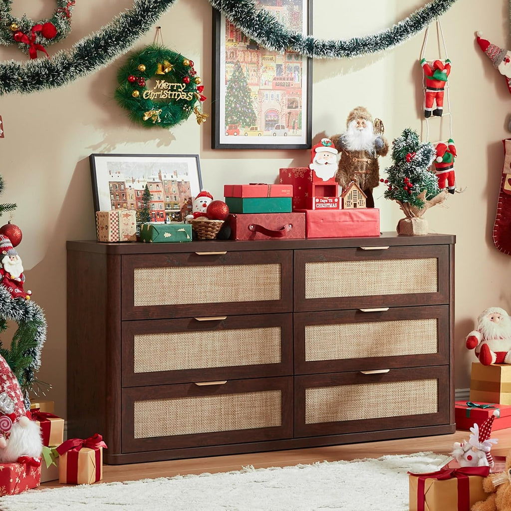LEYAOYAO Rattan 54'' Wide Dresser for Bedroom, Walnut