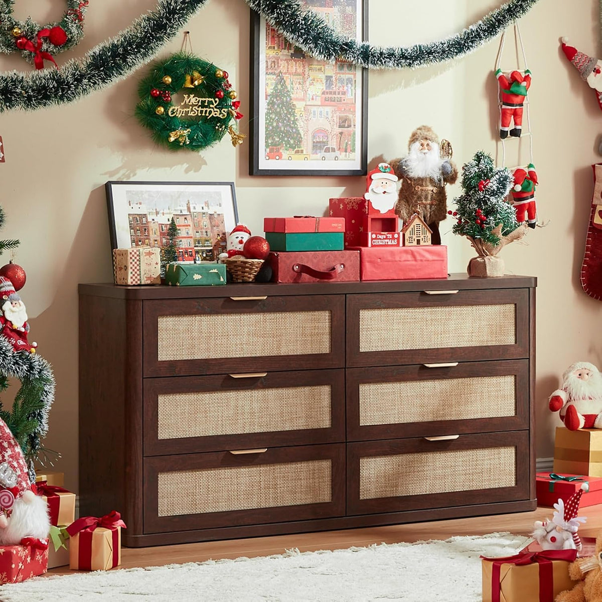 LEYAOYAO Rattan 54'' Wide Dresser for Bedroom, Walnut