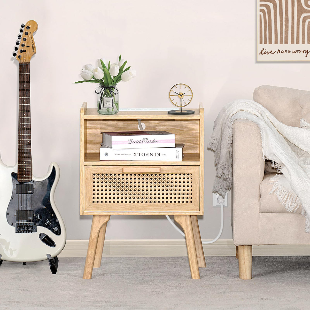 Lerliuo Rattan Nightstand with Charging Station, Boho Night Stand
