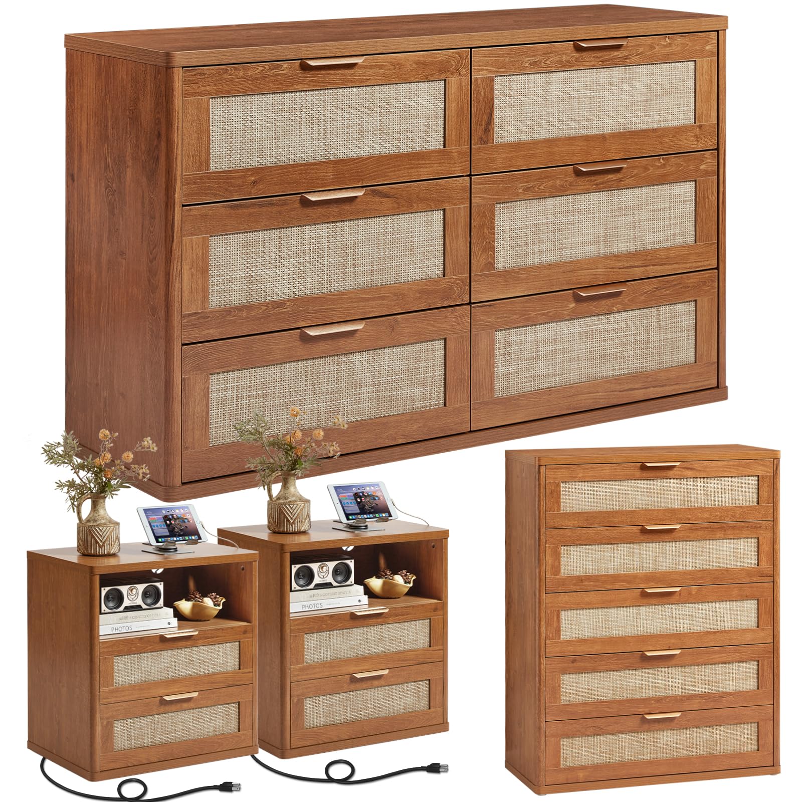 LEYAOYAO Rattan Dresser and Nightstand Sets 4 Piece, Grey White