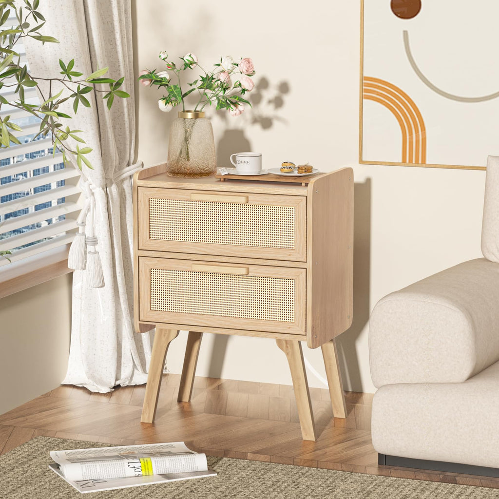 Lerliuo Rattan Nightstands Set of 2 for Bedroom, 2 Drawers