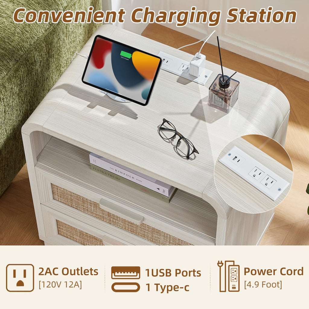 LEYAOYAO Rattan Nightstands Set of 2 with Charging Station, Natural