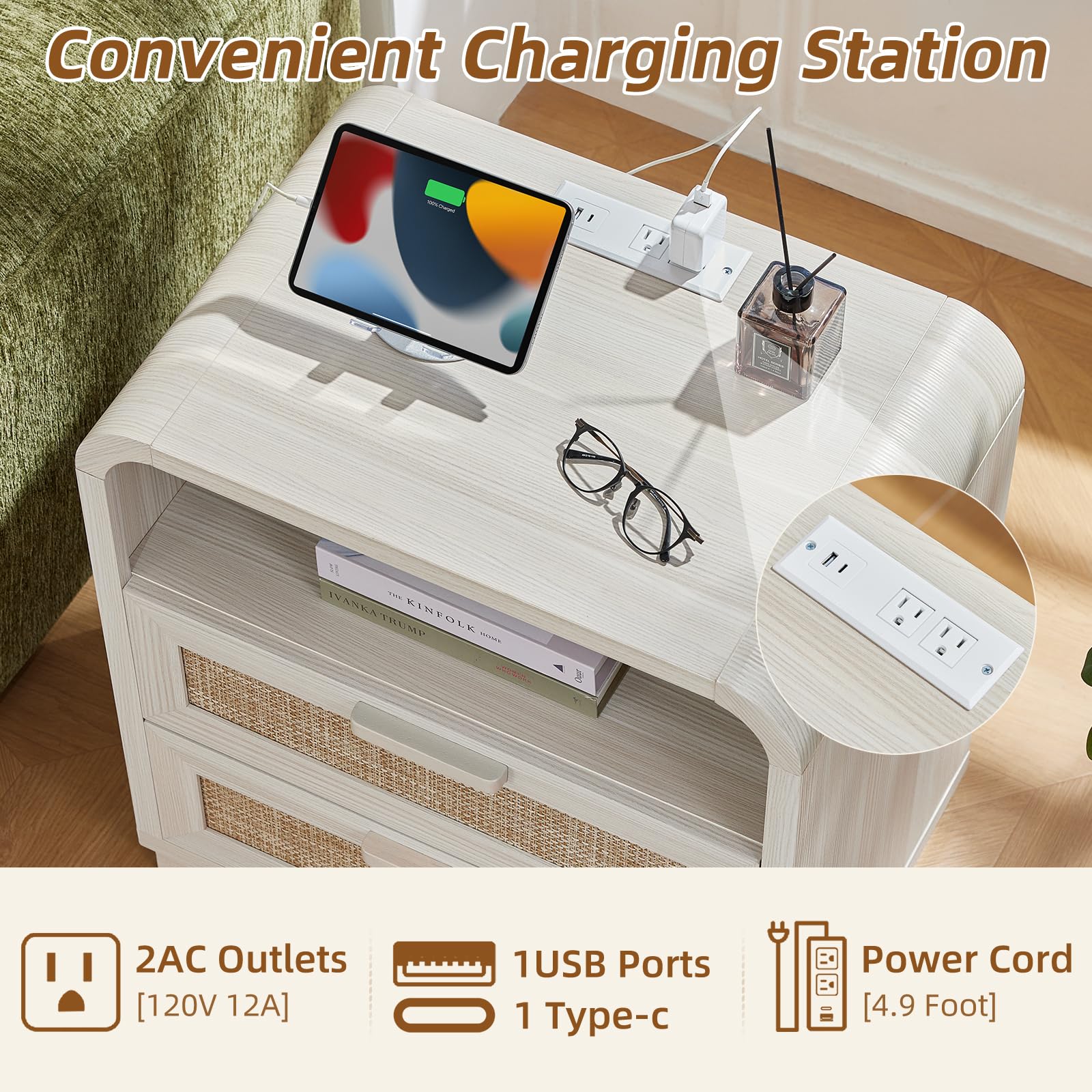 LEYAOYAO Rattan Nightstands Set of 2 with Charging Station, Natural