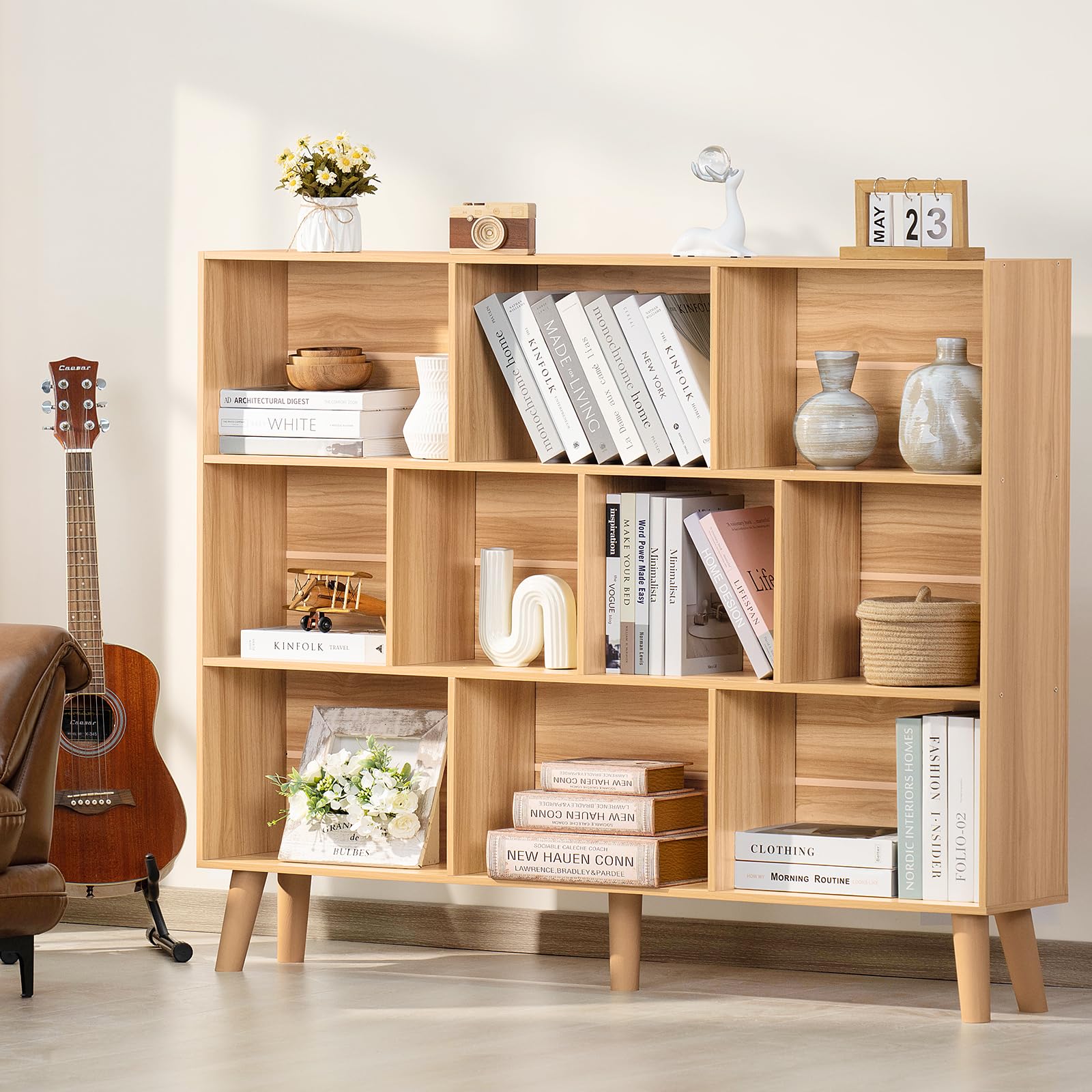 LEYAOYAO Cube Bookshelf, Mid-Century Modern Book Shelf with Legs, Brown