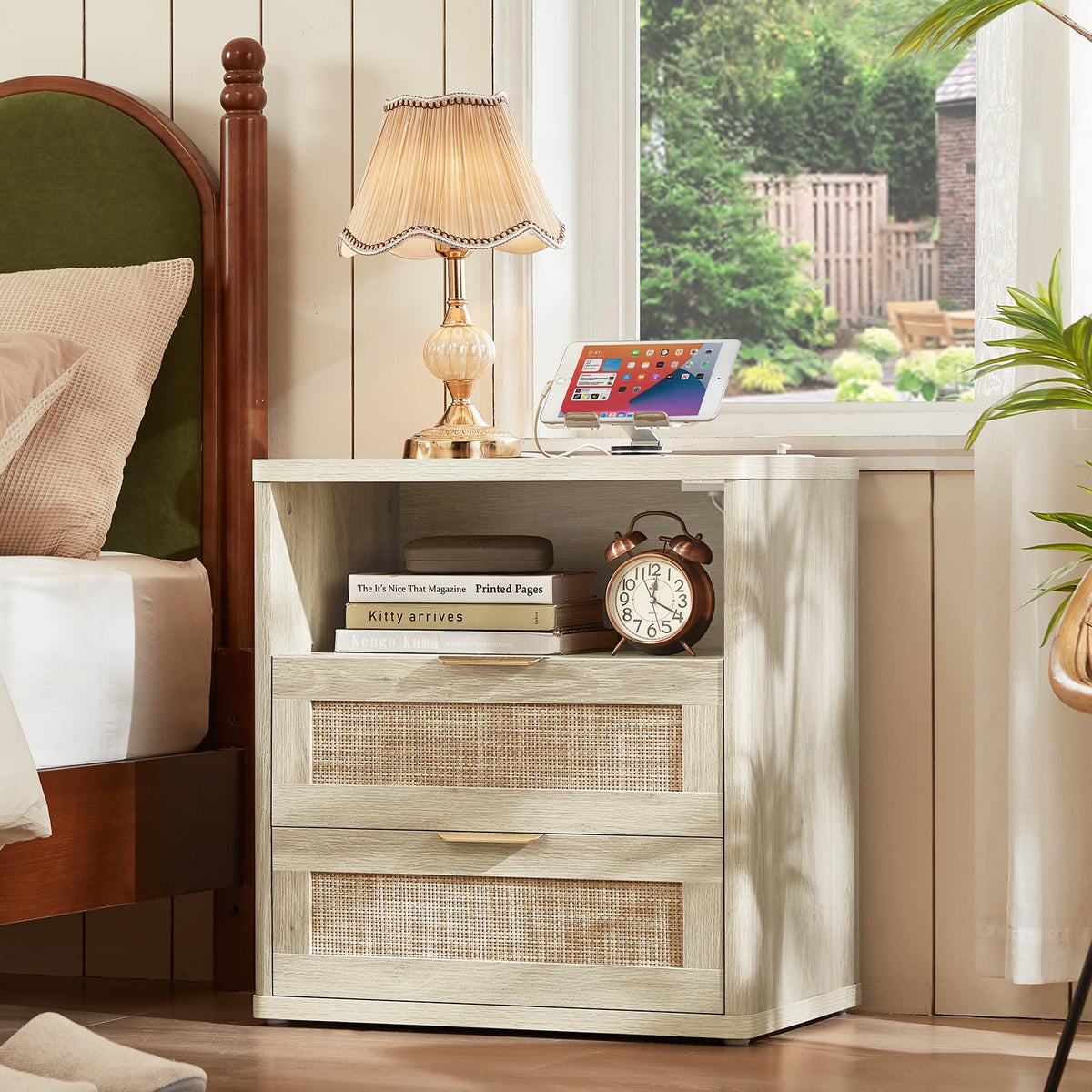 LEYAOYAO Rattan Nightstands Set of 2 with Charging Station, Boho Night Stand Dresser for Bedroom with Drawer, Grey White Bedside Table Open Storage Cabinet, Bed Side End Table, Living Room, Hallway
