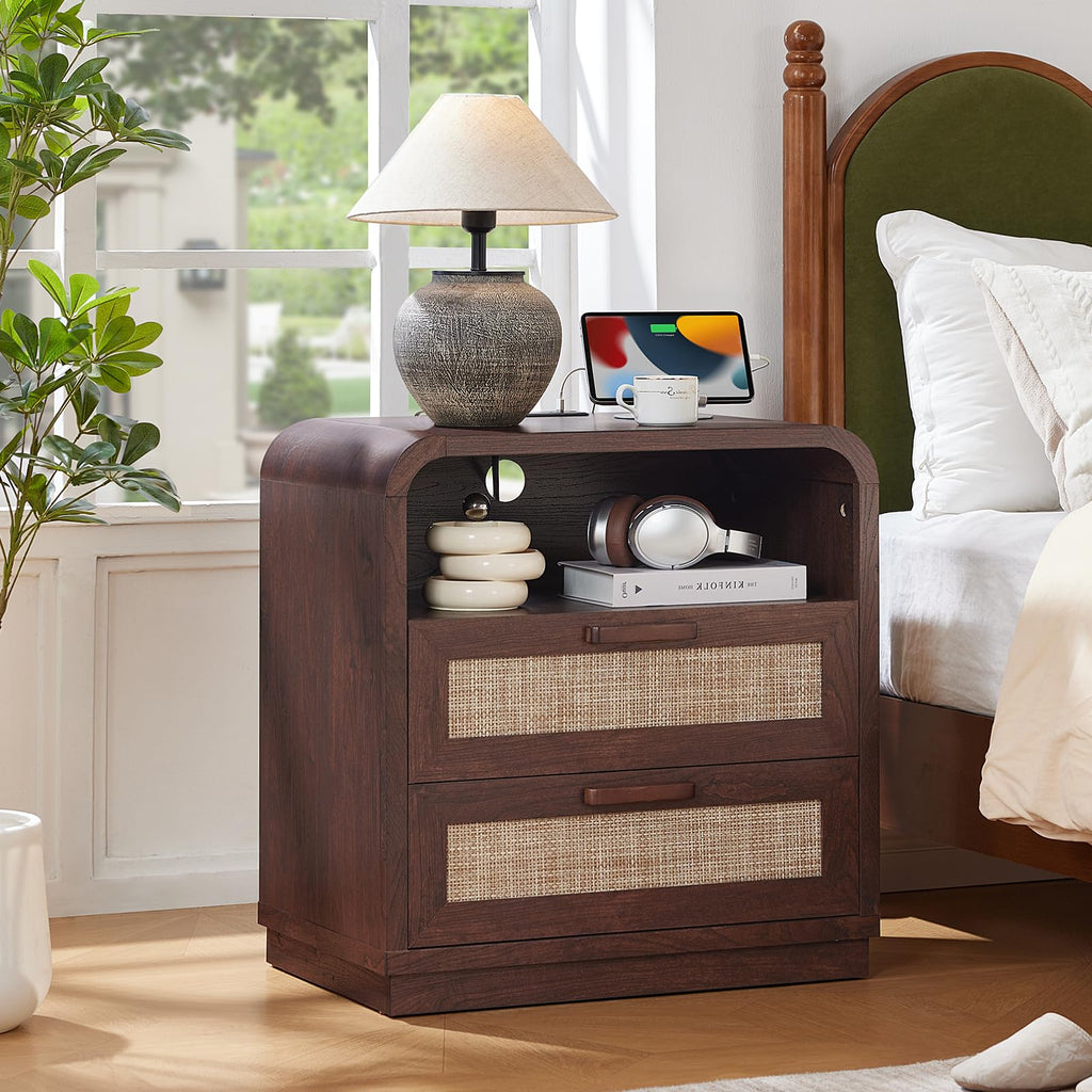 LEYAOYAO Rattan Nightstands Set of 2 with Charging Station, Natural
