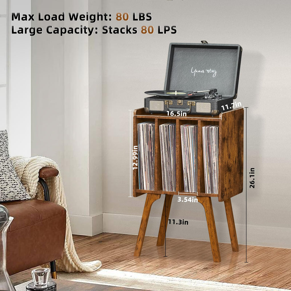 Lerliuo Record Player Stand with Storage Holds Up to 80 Albums, Turntable Stand with Beech Wood Legs, Mid-Century Record Player Table,Black Vinyl Holder Display Shelf for Bedroom Living Room